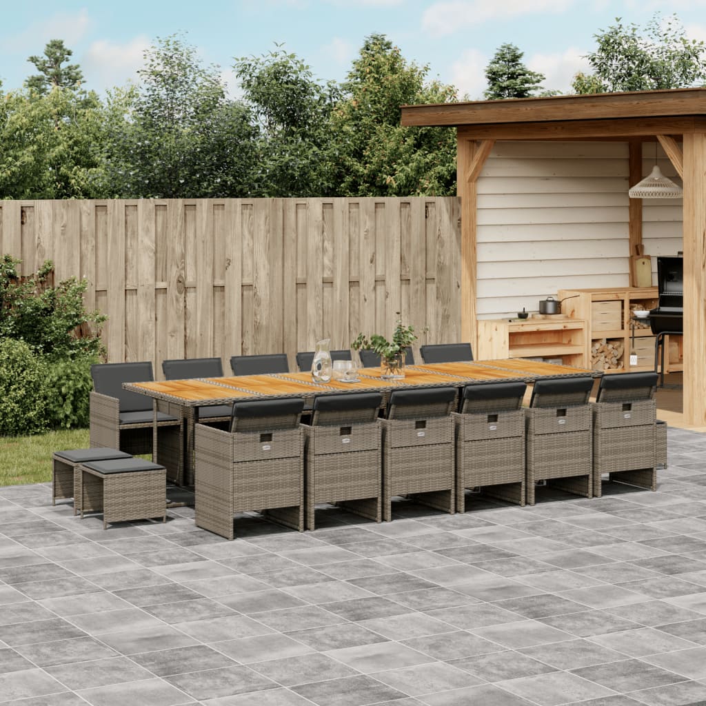 17 Piece Garden Dining Set with Cushions Grey Poly Rattan