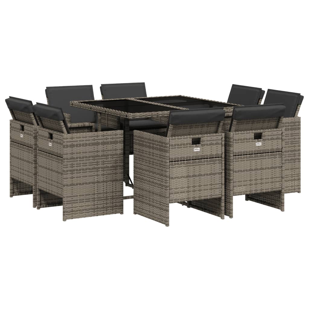 9 Piece Garden Dining Set with Cushions Grey Poly Rattan