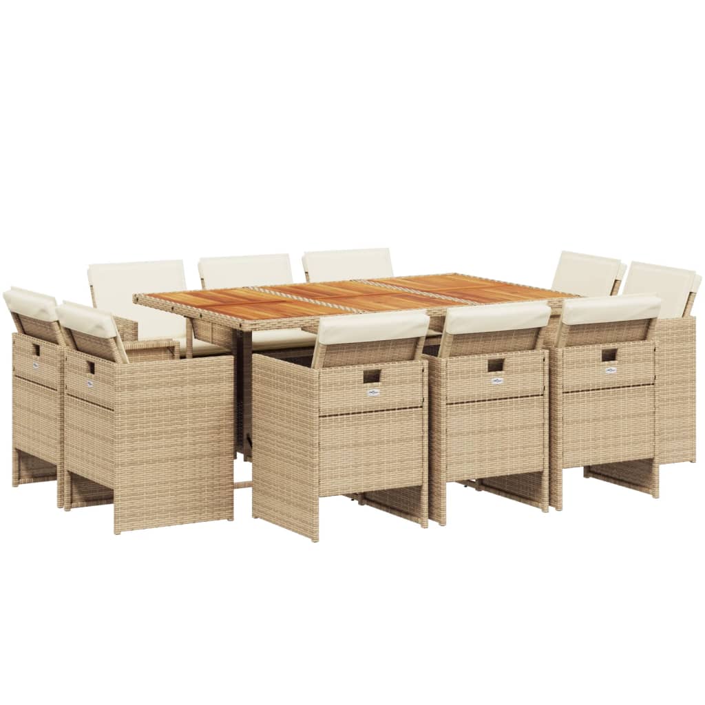 11 Piece Garden Dining Set with Cushions Beige Poly Rattan