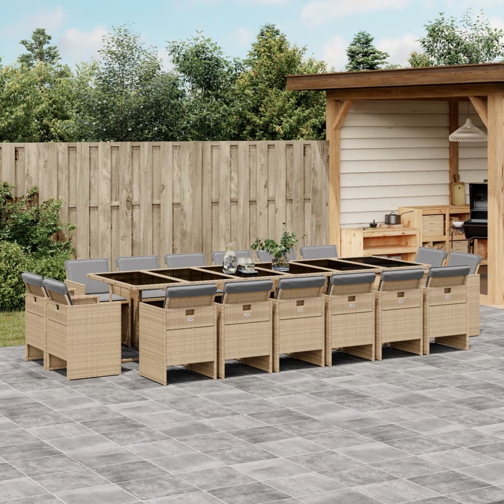 17 Piece Garden Dining Set with Cushions Mix Beige Poly Rattan
