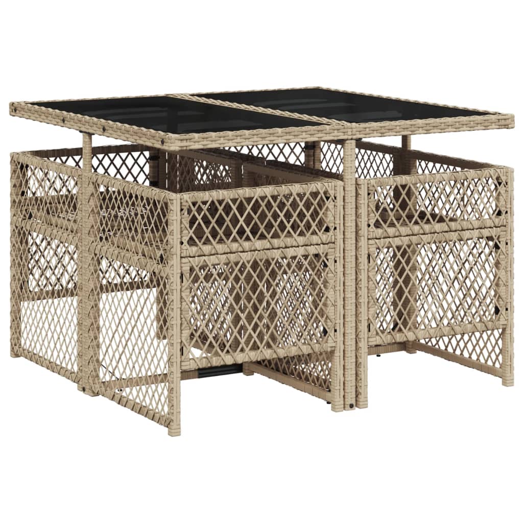 5 Piece Garden Dining Set with Cushions Beige Poly Rattan