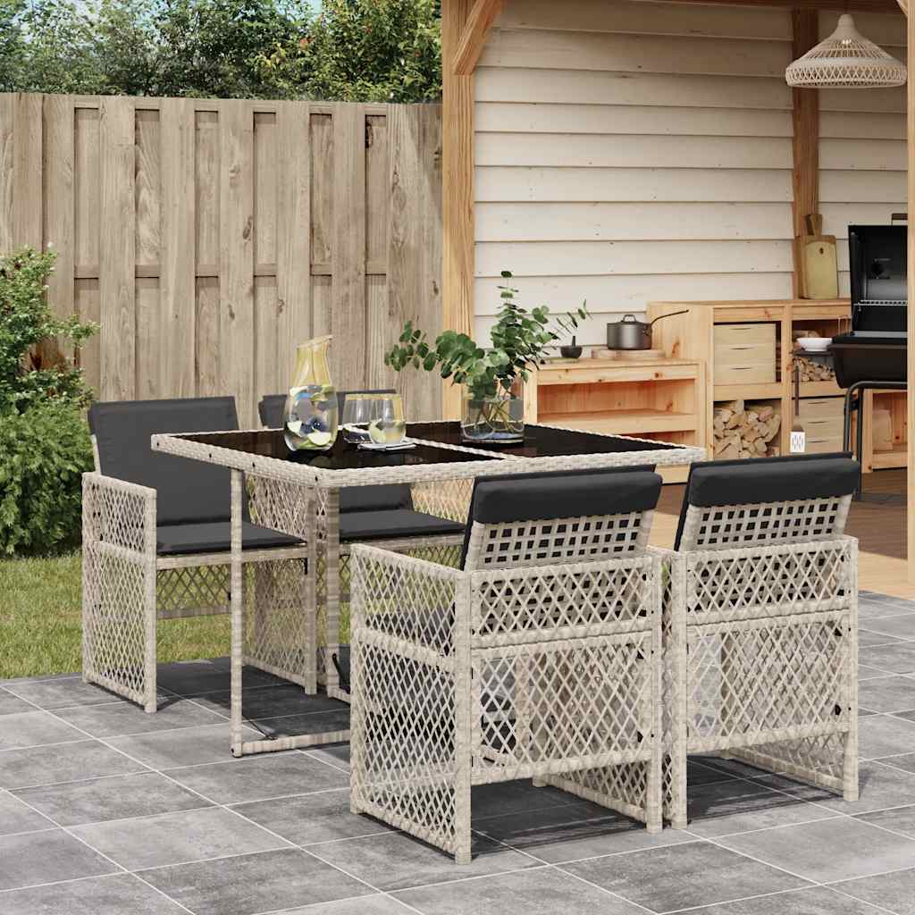 5 Piece Garden Dining Set with Cushions Light Grey Poly Rattan