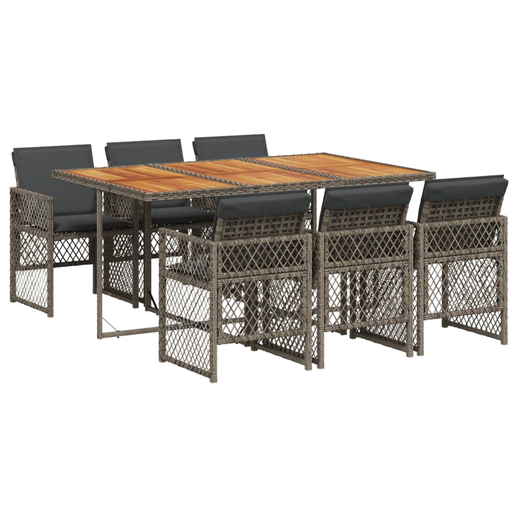 7 Piece Garden Dining Set with Cushions Grey Poly Rattan