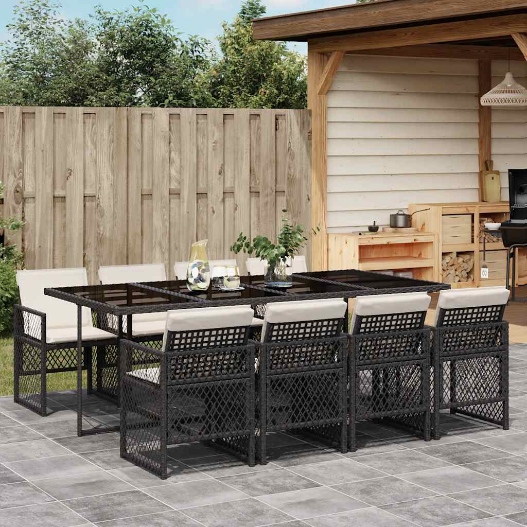 9 Piece Garden Dining Set with Cushions Black Poly Rattan