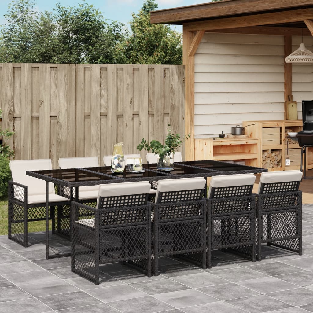 9 Piece Garden Dining Set with Cushions Black Poly Rattan