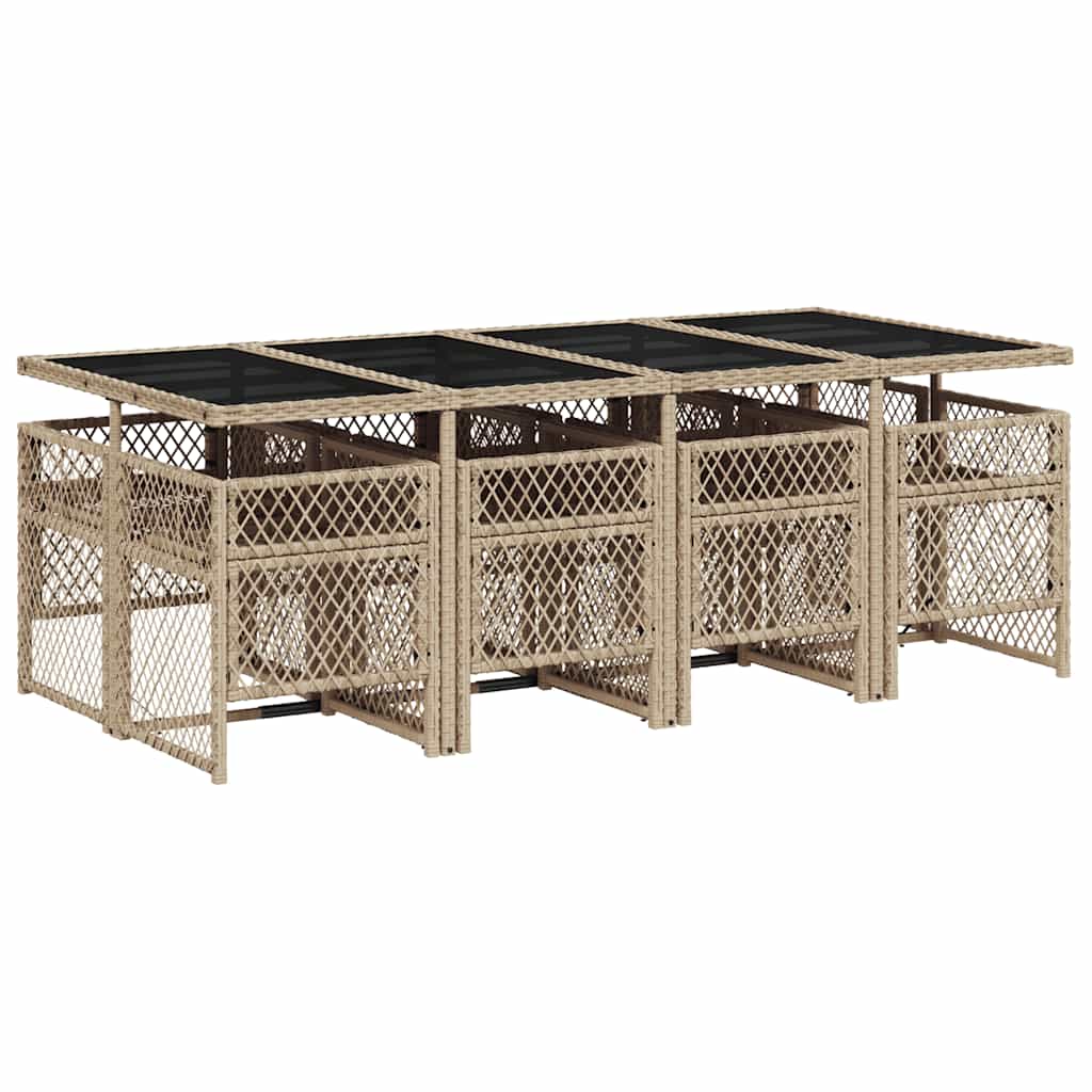 9 Piece Garden Dining Set with Cushions Beige Poly Rattan