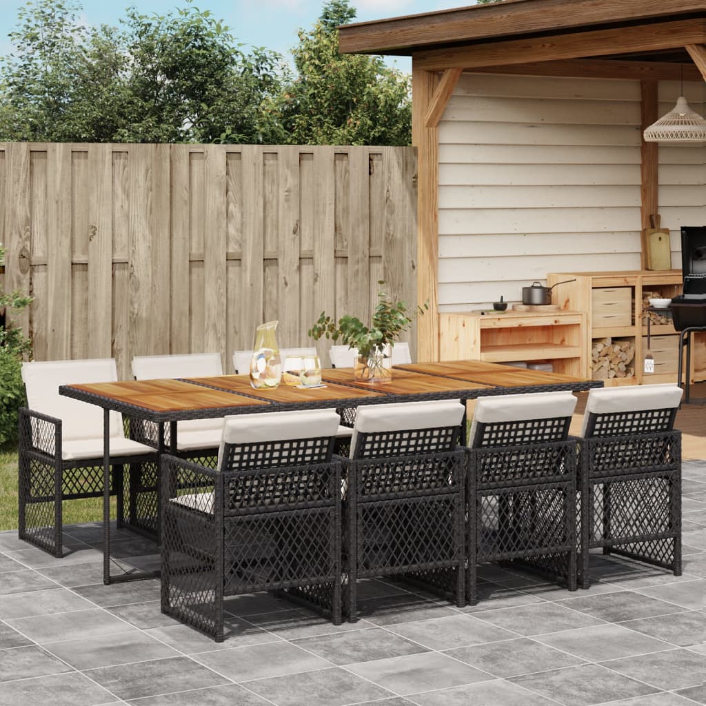 9 Piece Garden Dining Set with Cushions Black Poly Rattan