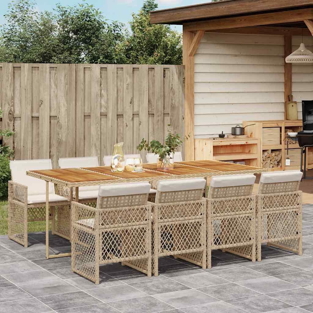 9 Piece Garden Dining Set with Cushions Beige Poly Rattan