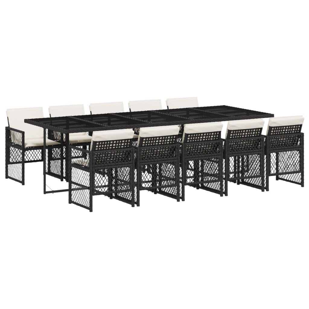 11 Piece Garden Dining Set with Cushions Black Poly Rattan