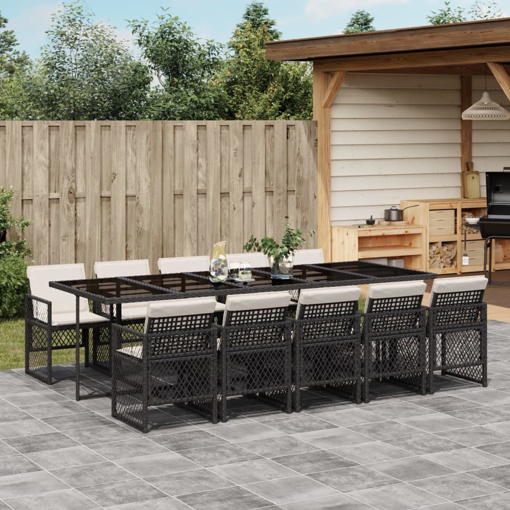 11 Piece Garden Dining Set with Cushions Black Poly Rattan