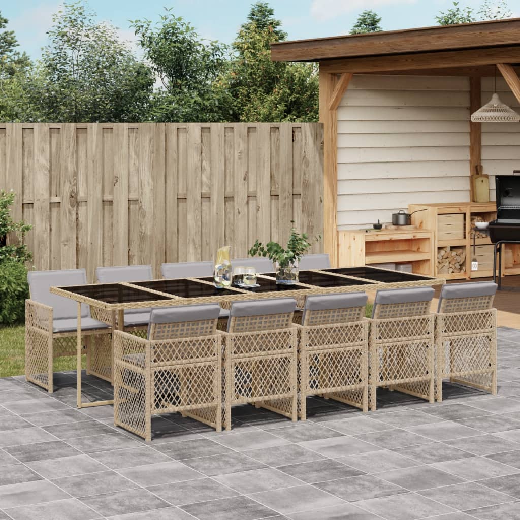 11 Piece Garden Dining Set with Cushions Beige Poly Rattan