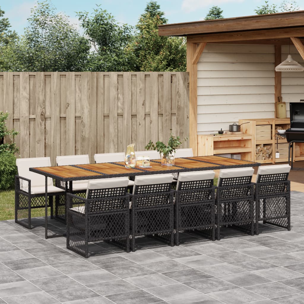 11 Piece Garden Dining Set with Cushions Black Poly Rattan