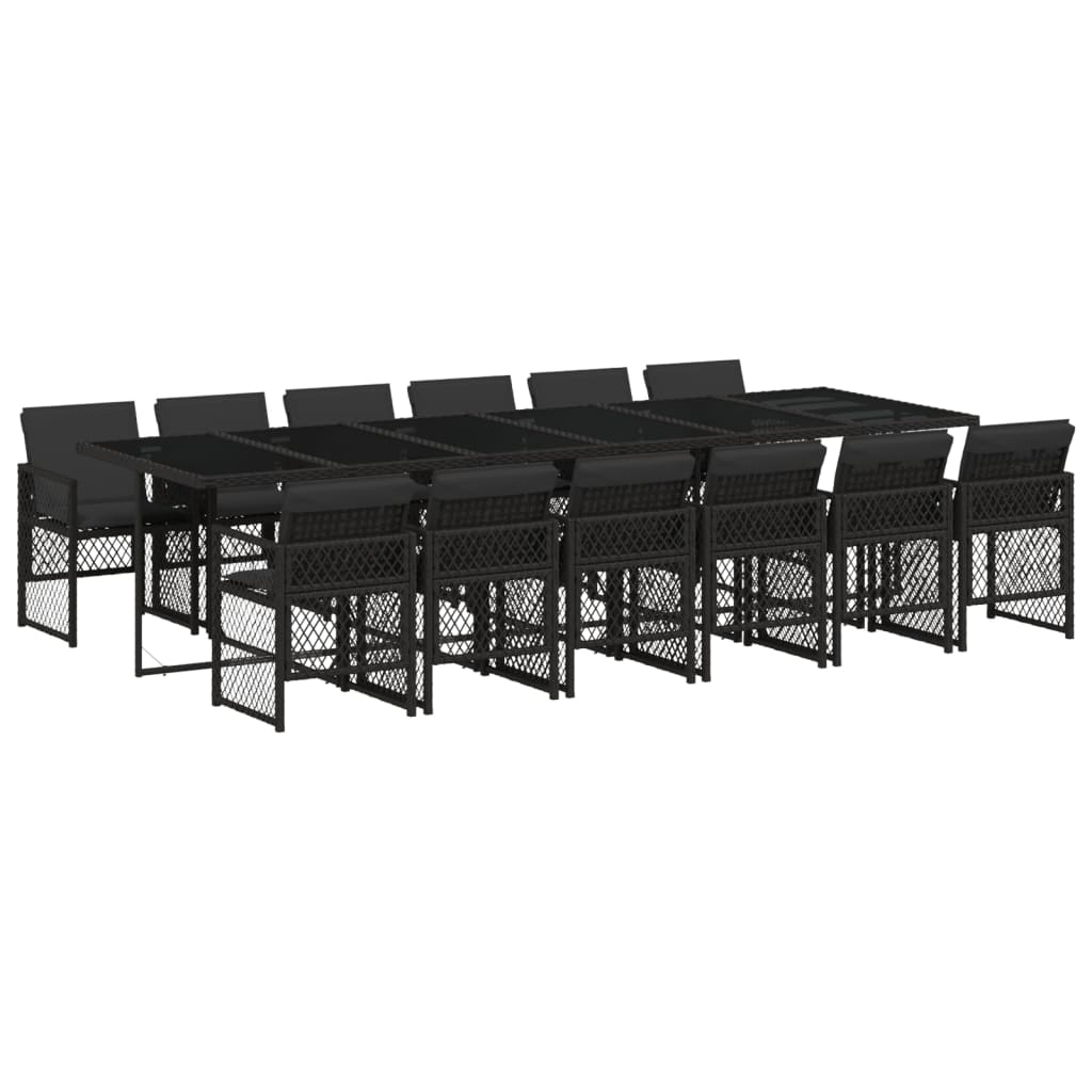 13 Piece Garden Dining Set with Cushions Black Poly Rattan