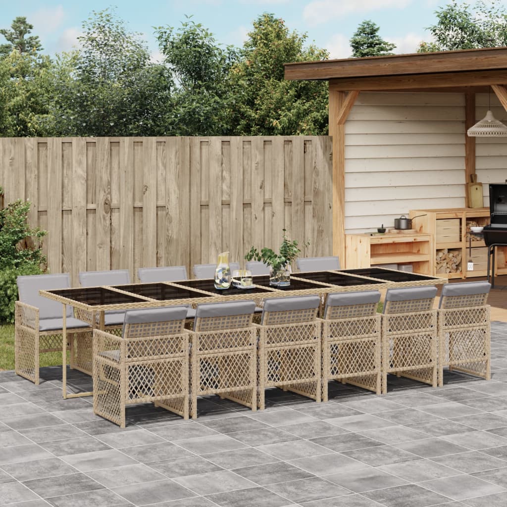 13 Piece Garden Dining Set with Cushions Beige Poly Rattan