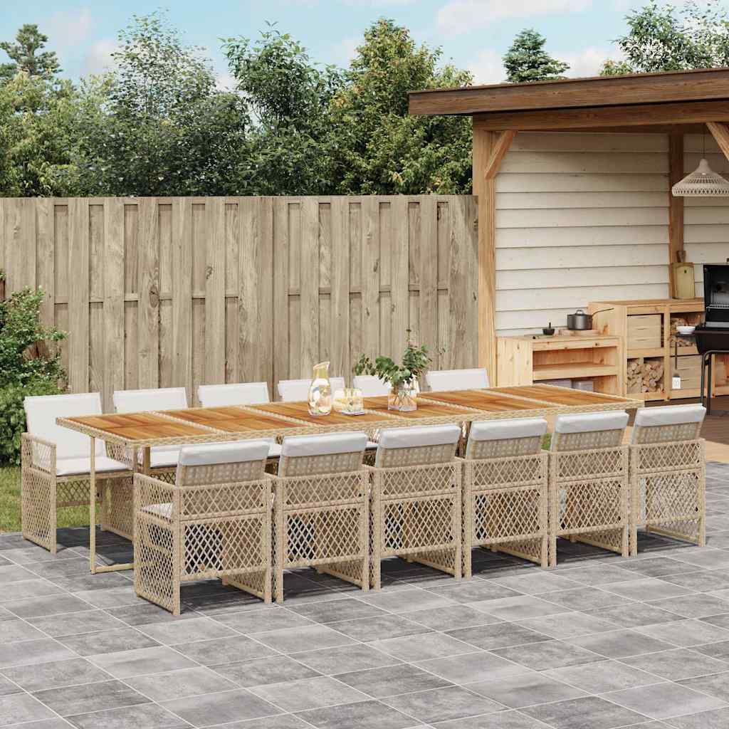 13 Piece Garden Dining Set with Cushions Beige Poly Rattan