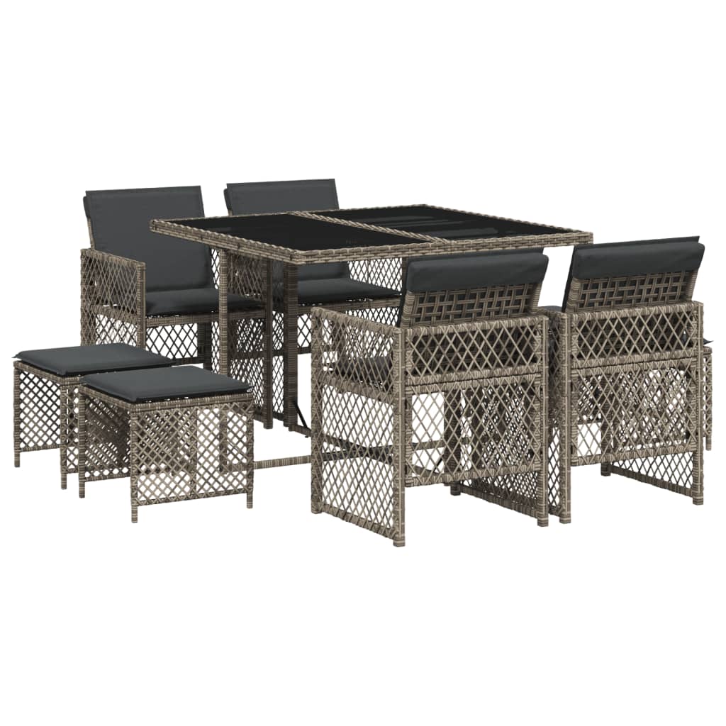 9 Piece Garden Dining Set with Cushions Grey Poly Rattan