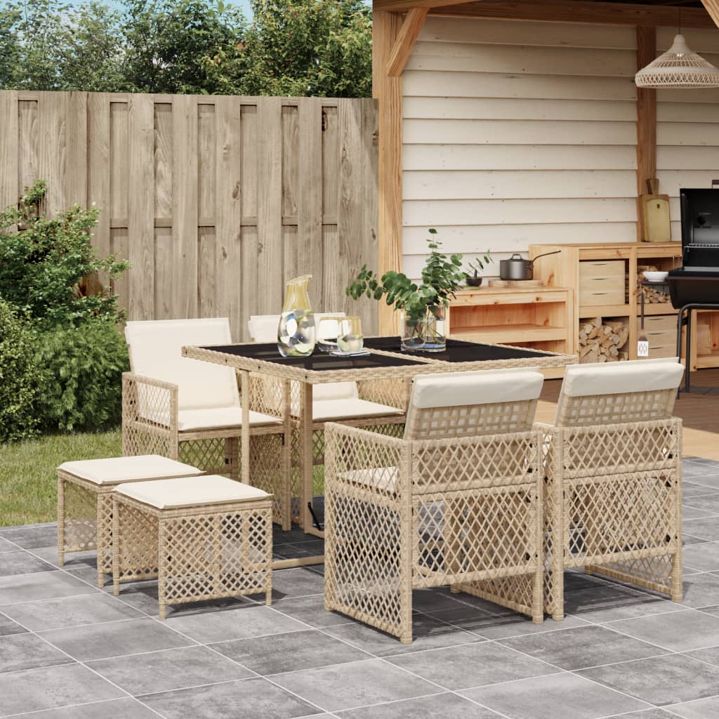 9 Piece Garden Dining Set with Cushions Beige Poly Rattan
