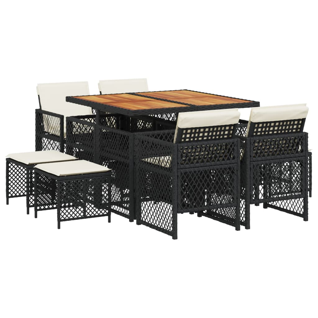 9 Piece Garden Dining Set with Cushions Black Poly Rattan