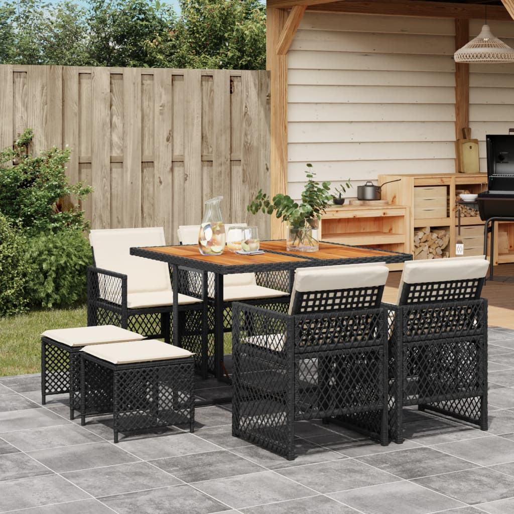 9 Piece Garden Dining Set with Cushions Black Poly Rattan