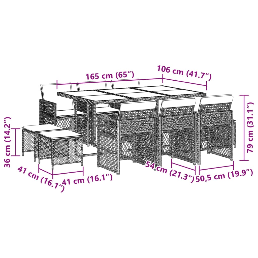 11 Piece Garden Dining Set with Cushions Black Poly Rattan