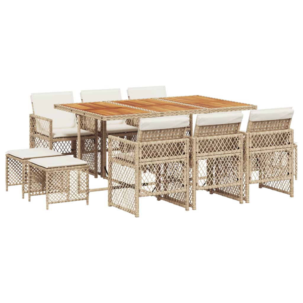 11 Piece Garden Dining Set with Cushions Beige Poly Rattan