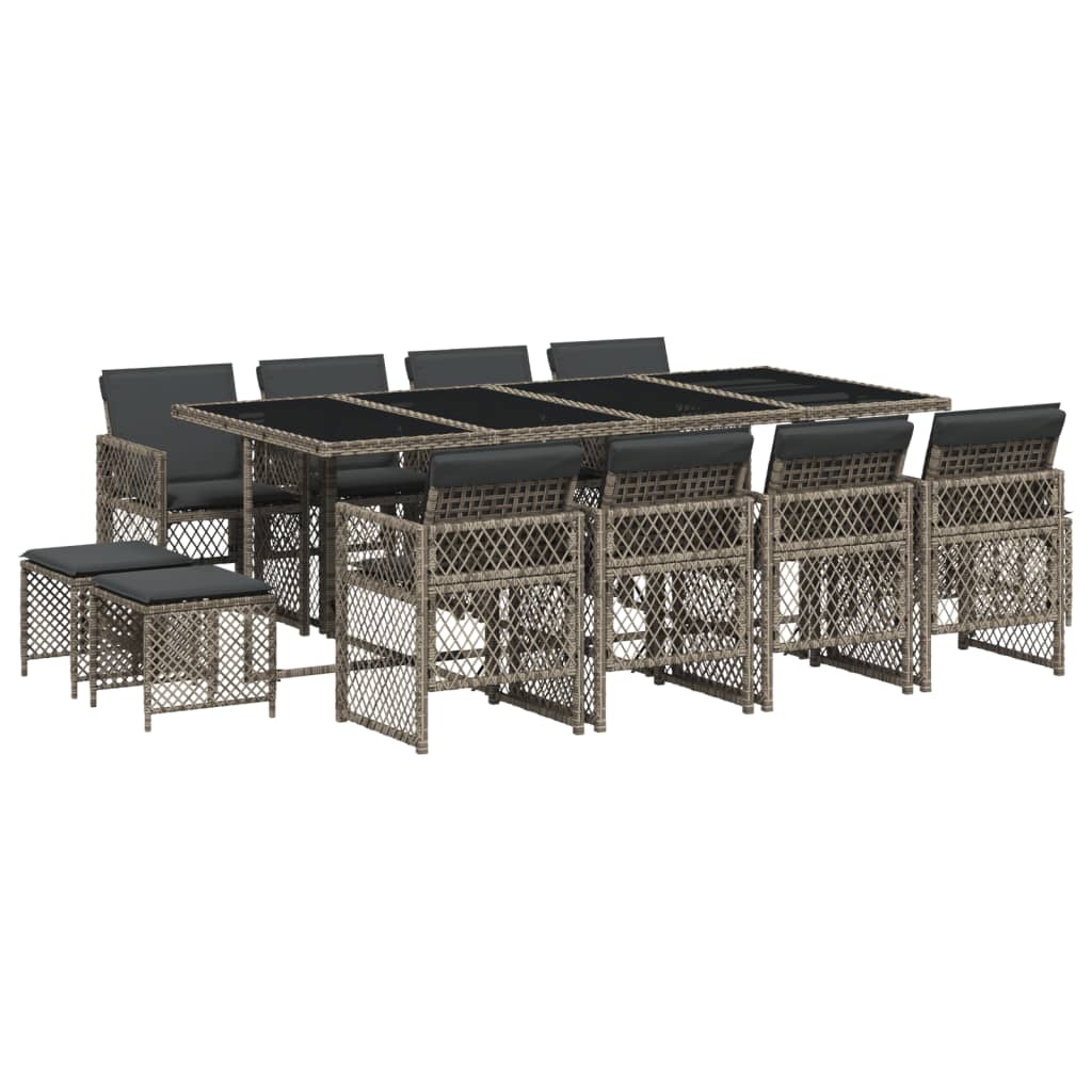 13 Piece Garden Dining Set with Cushions Grey Poly Rattan