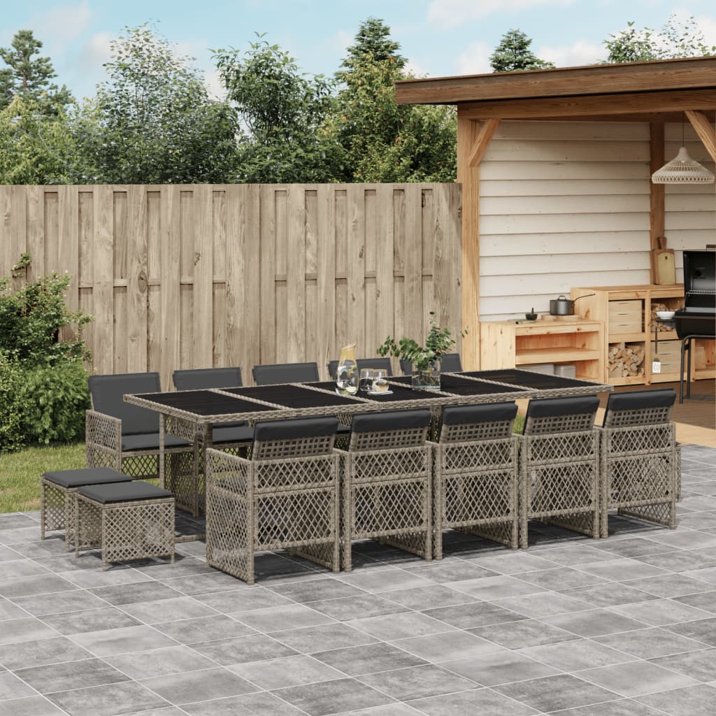 15 Piece Garden Dining Set with Cushions Grey Poly Rattan