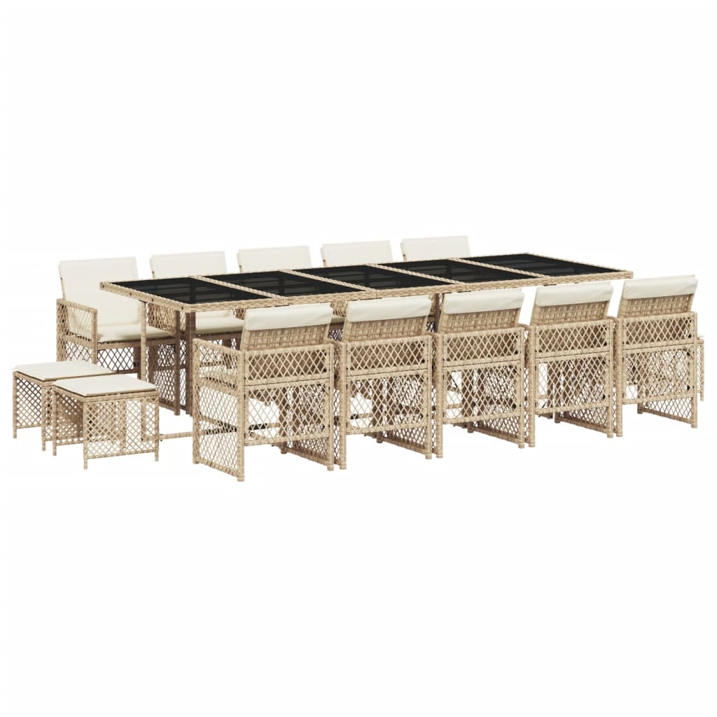 15 Piece Garden Dining Set with Cushions Beige Poly Rattan