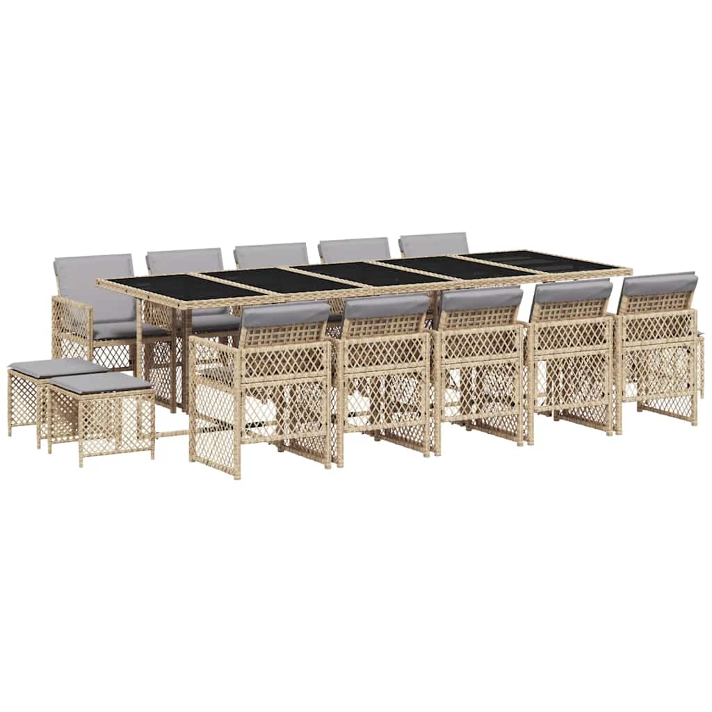 15 Piece Garden Dining Set with Cushions Beige Poly Rattan