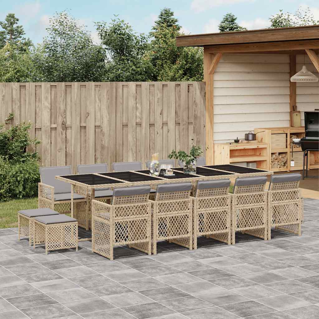 15 Piece Garden Dining Set with Cushions Beige Poly Rattan