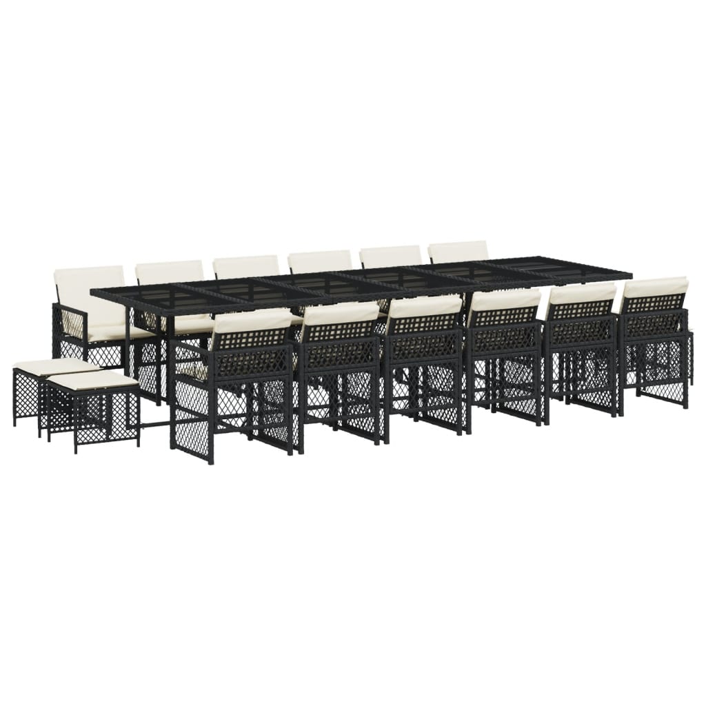 17 Piece Garden Dining Set with Cushions Black Poly Rattan