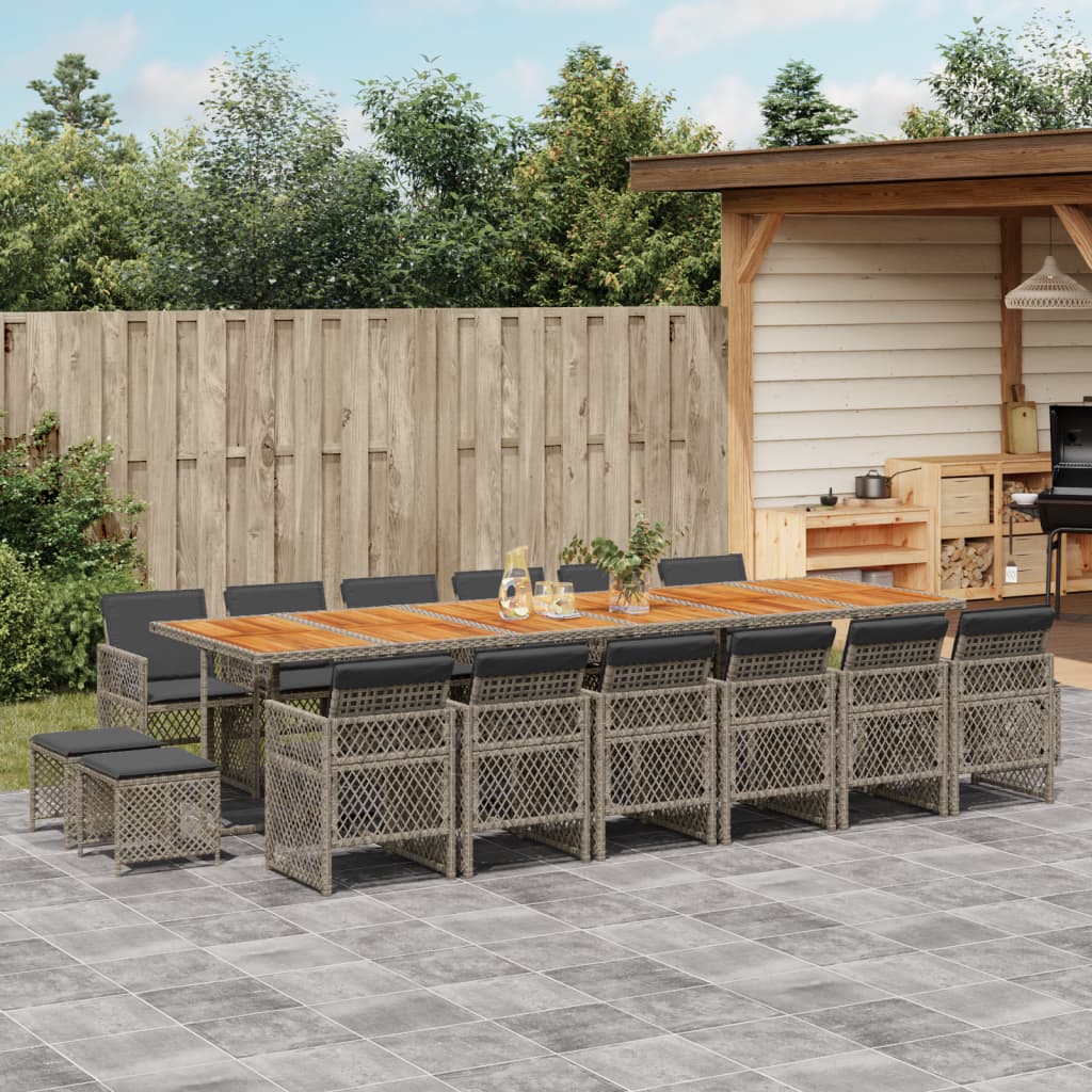 17 Piece Garden Dining Set with Cushions Grey Poly Rattan