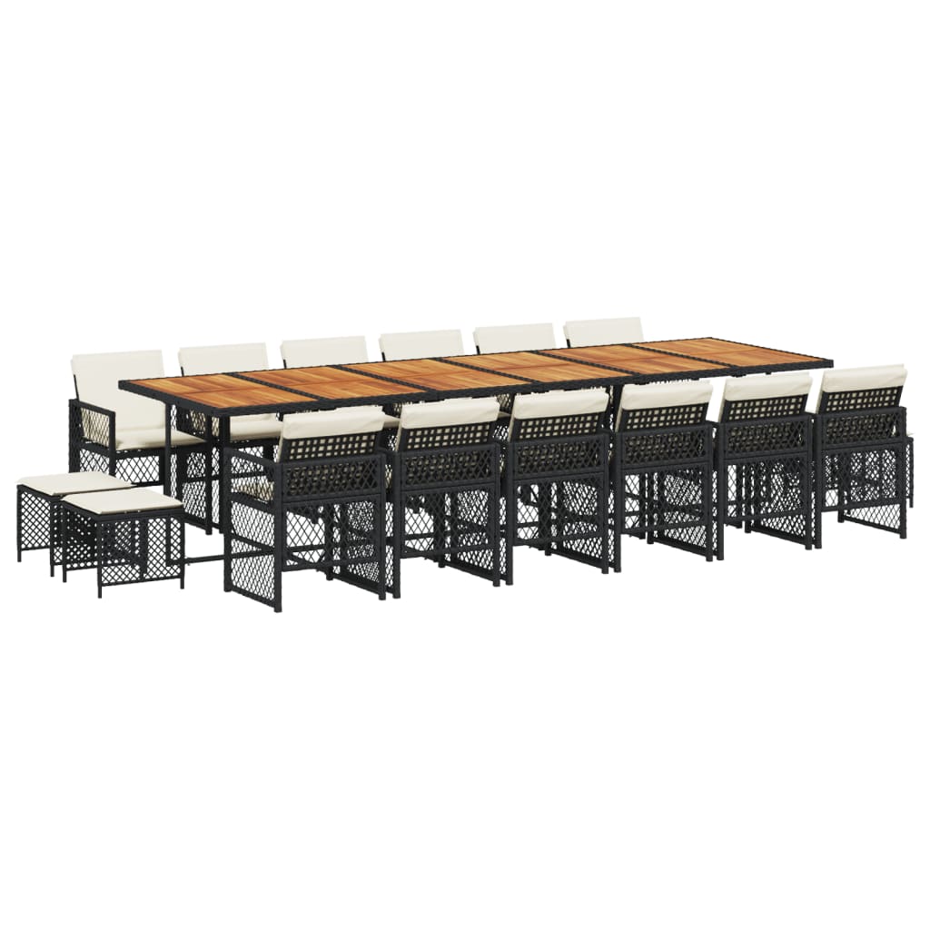 17 Piece Garden Dining Set with Cushions Black Poly Rattan