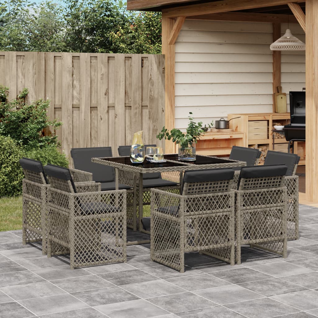9 Piece Garden Dining Set with Cushions Grey Poly Rattan