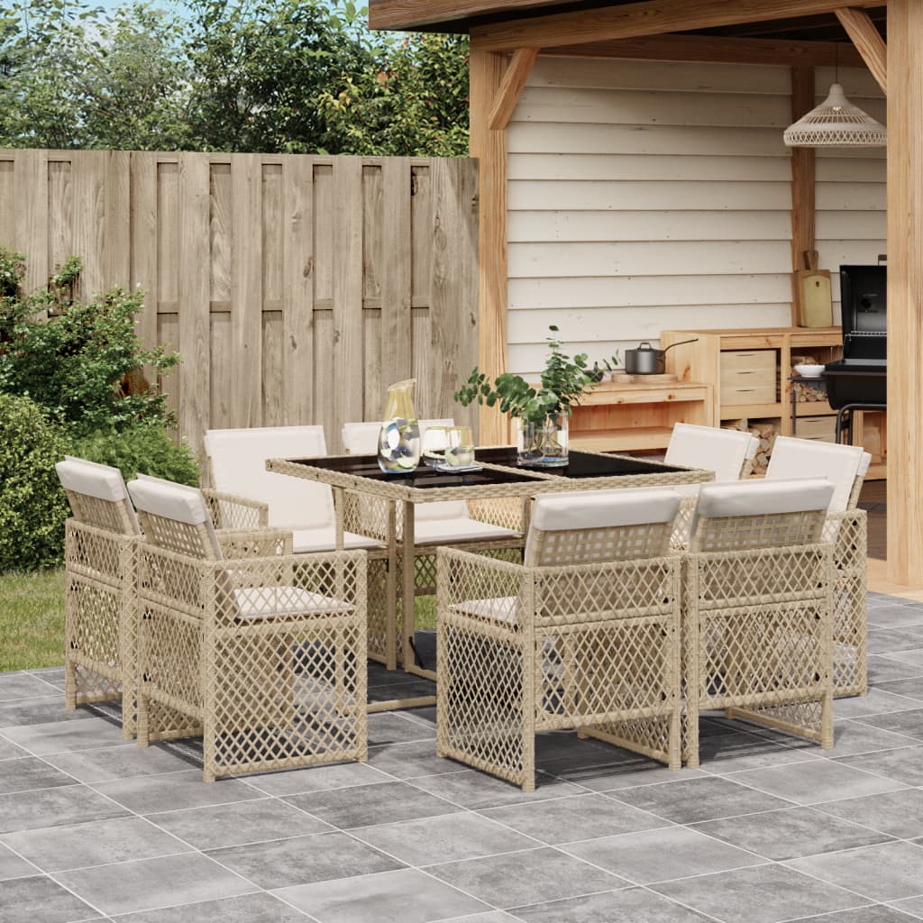 9 Piece Garden Dining Set with Cushions Beige Poly Rattan