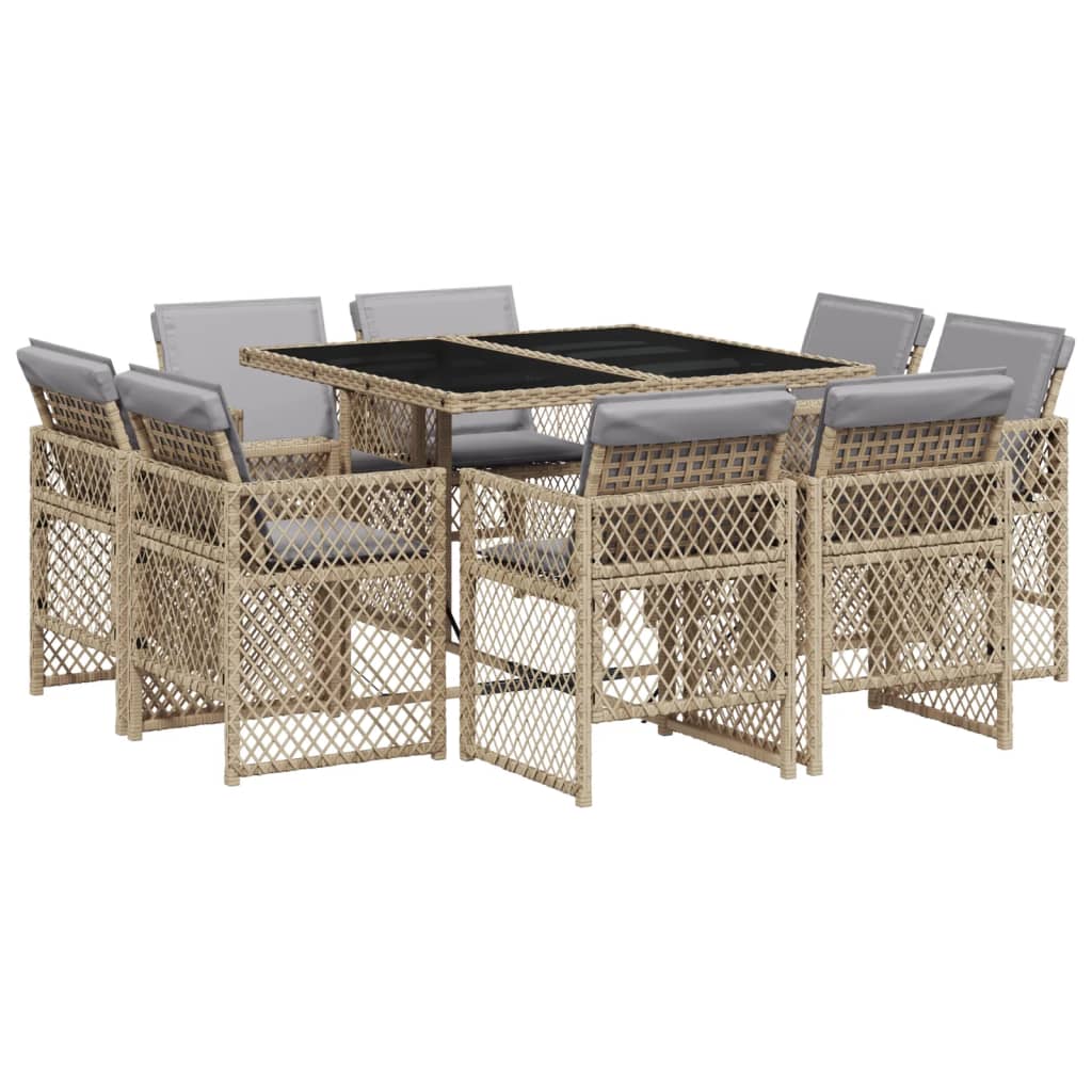 9 Piece Garden Dining Set with Cushions Mix Beige Poly Rattan