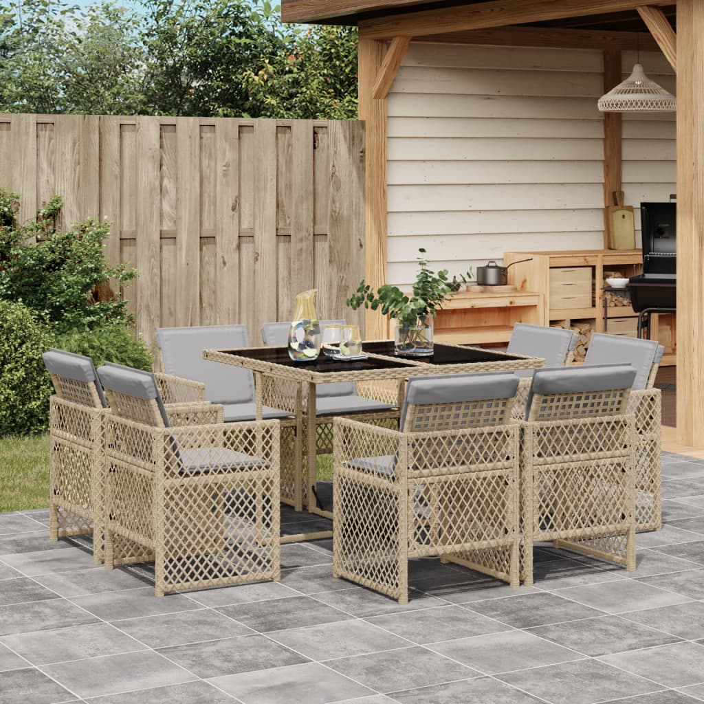 9 Piece Garden Dining Set with Cushions Mix Beige Poly Rattan