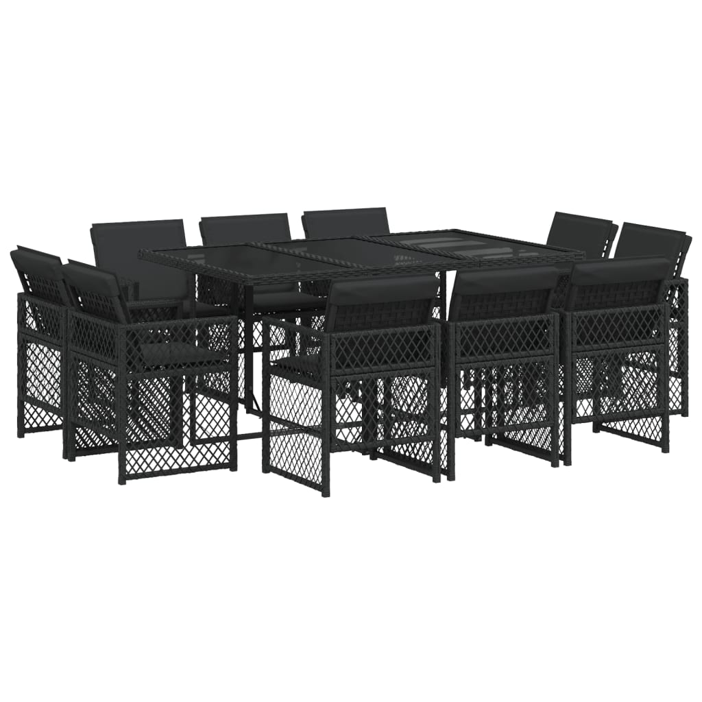 11 Piece Garden Dining Set with Cushions Black Poly Rattan