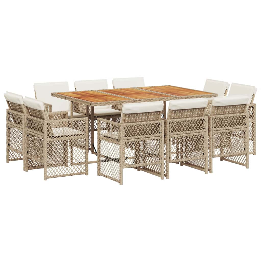 11 Piece Garden Dining Set with Cushions Beige Poly Rattan