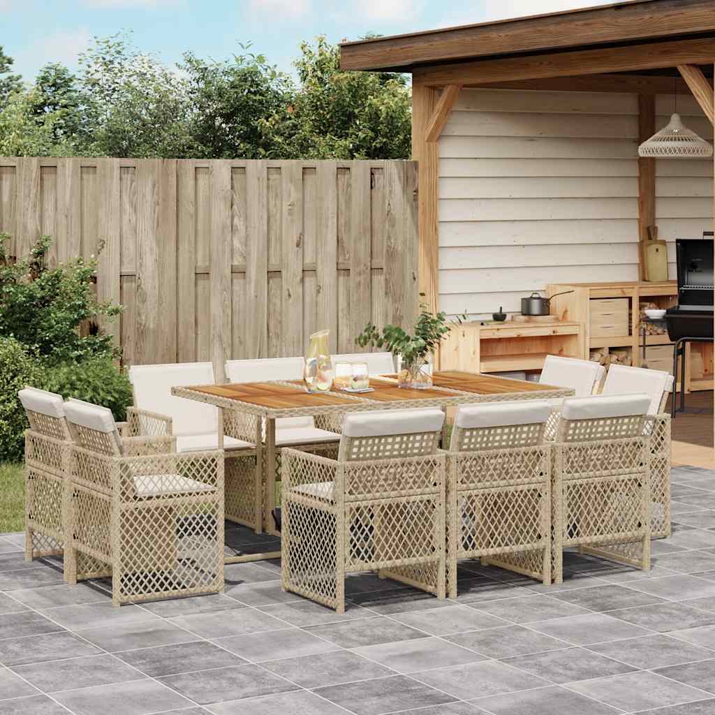 11 Piece Garden Dining Set with Cushions Beige Poly Rattan