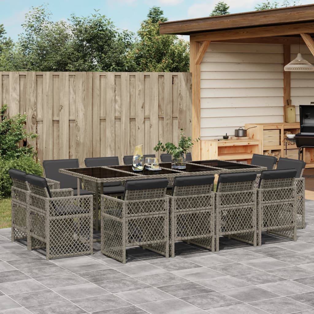 13 Piece Garden Dining Set with Cushions Grey Poly Rattan
