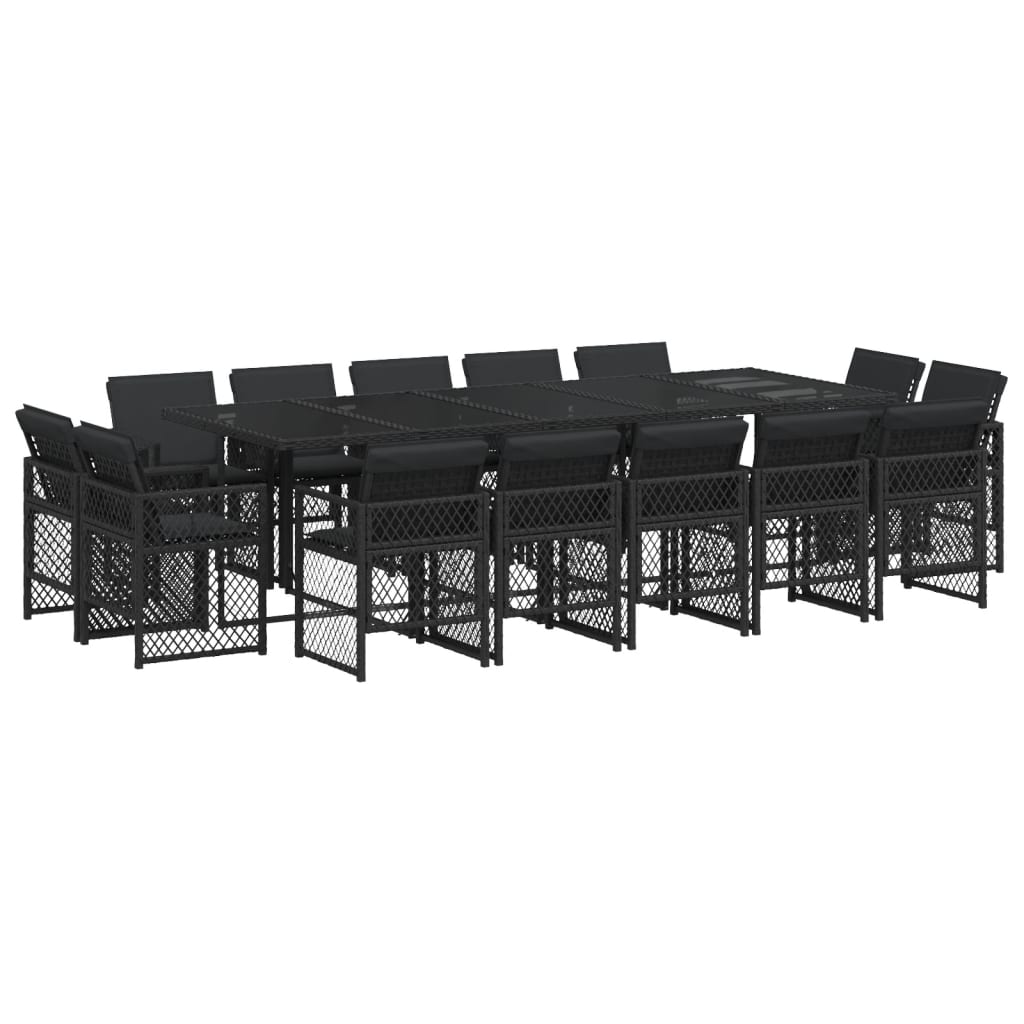 15 Piece Garden Dining Set with Cushions Black Poly Rattan