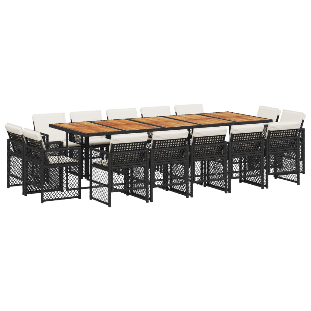 15 Piece Garden Dining Set with Cushions Black Poly Rattan