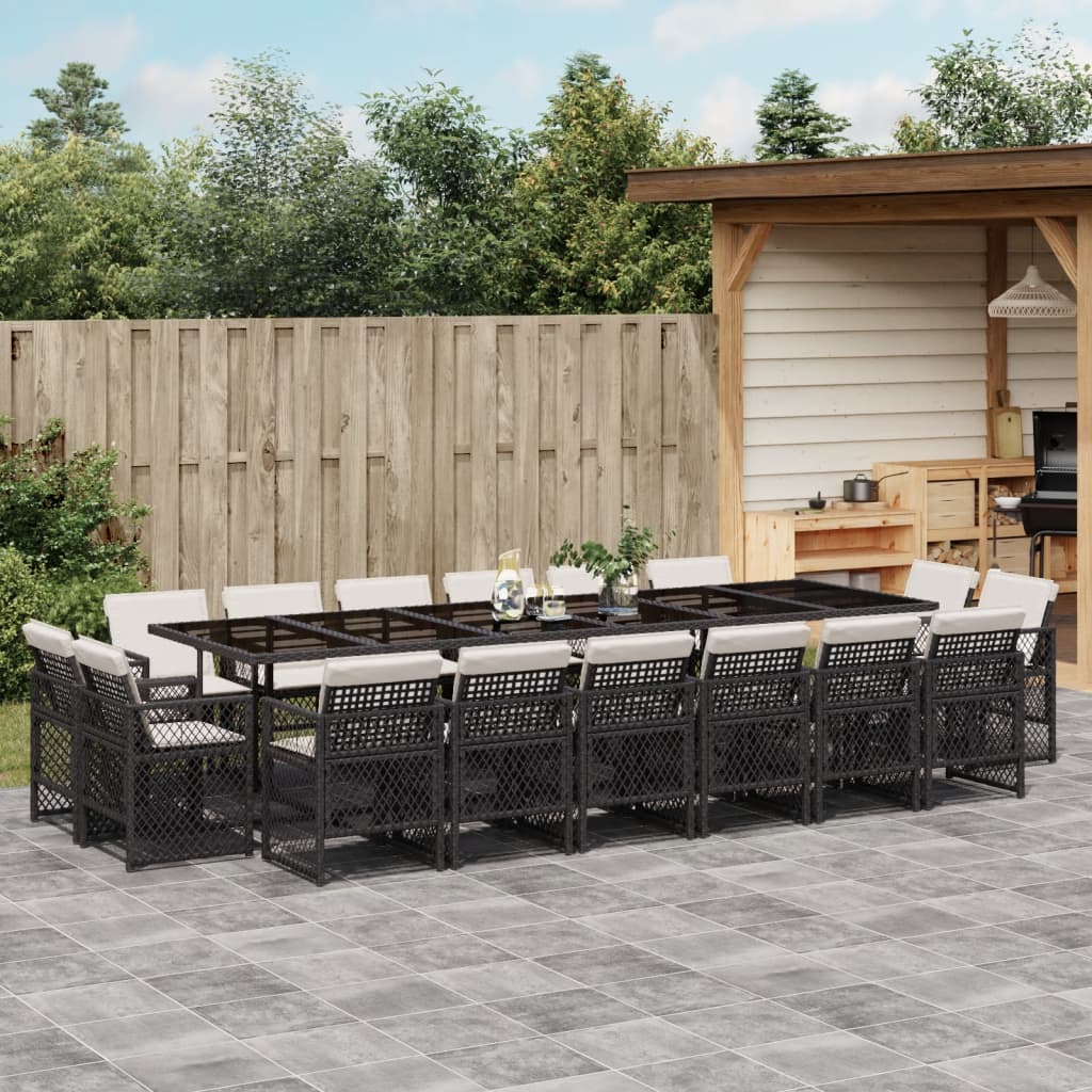 17 Piece Garden Dining Set with Cushions Black Poly Rattan