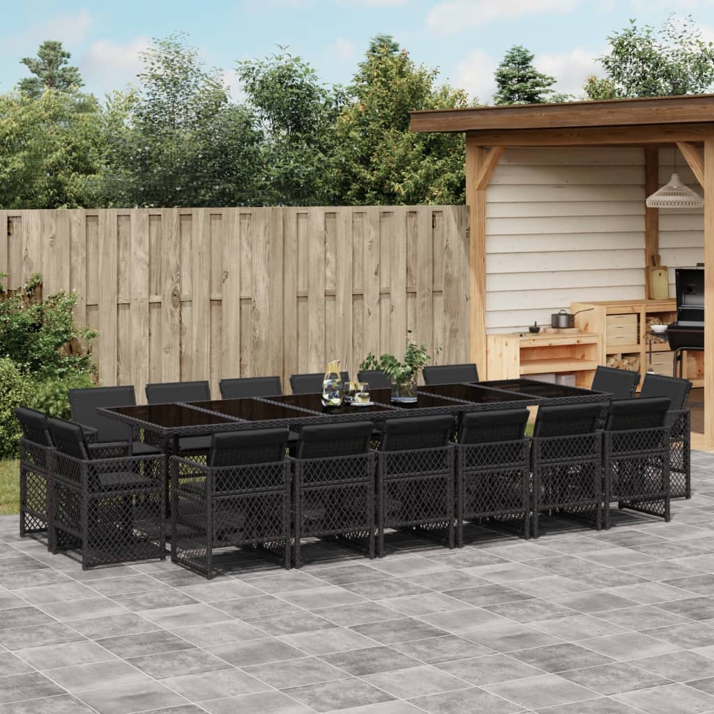 17 Piece Garden Dining Set with Cushions Black Poly Rattan