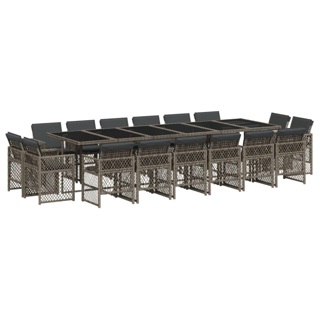 17 Piece Garden Dining Set with Cushions Grey Poly Rattan