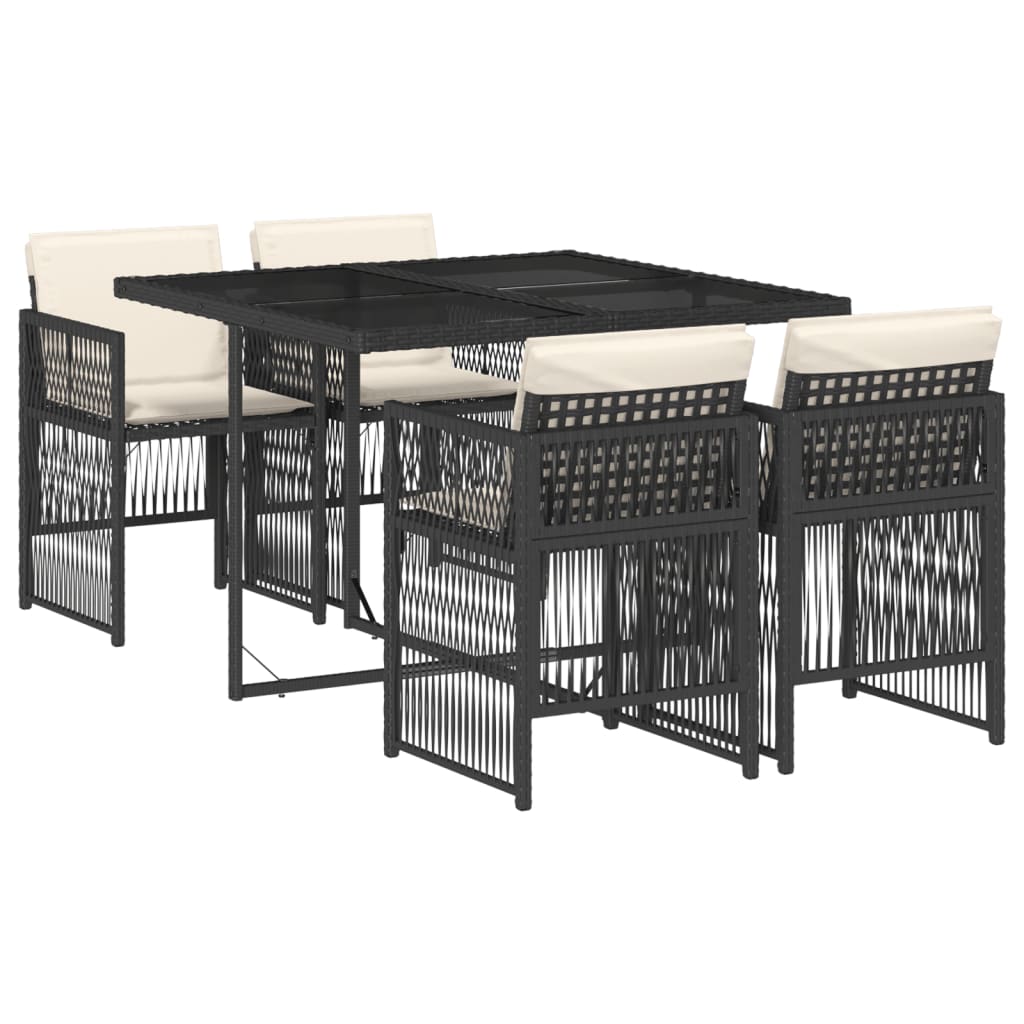 5 Piece Garden Dining Set with Cushions Black Poly Rattan