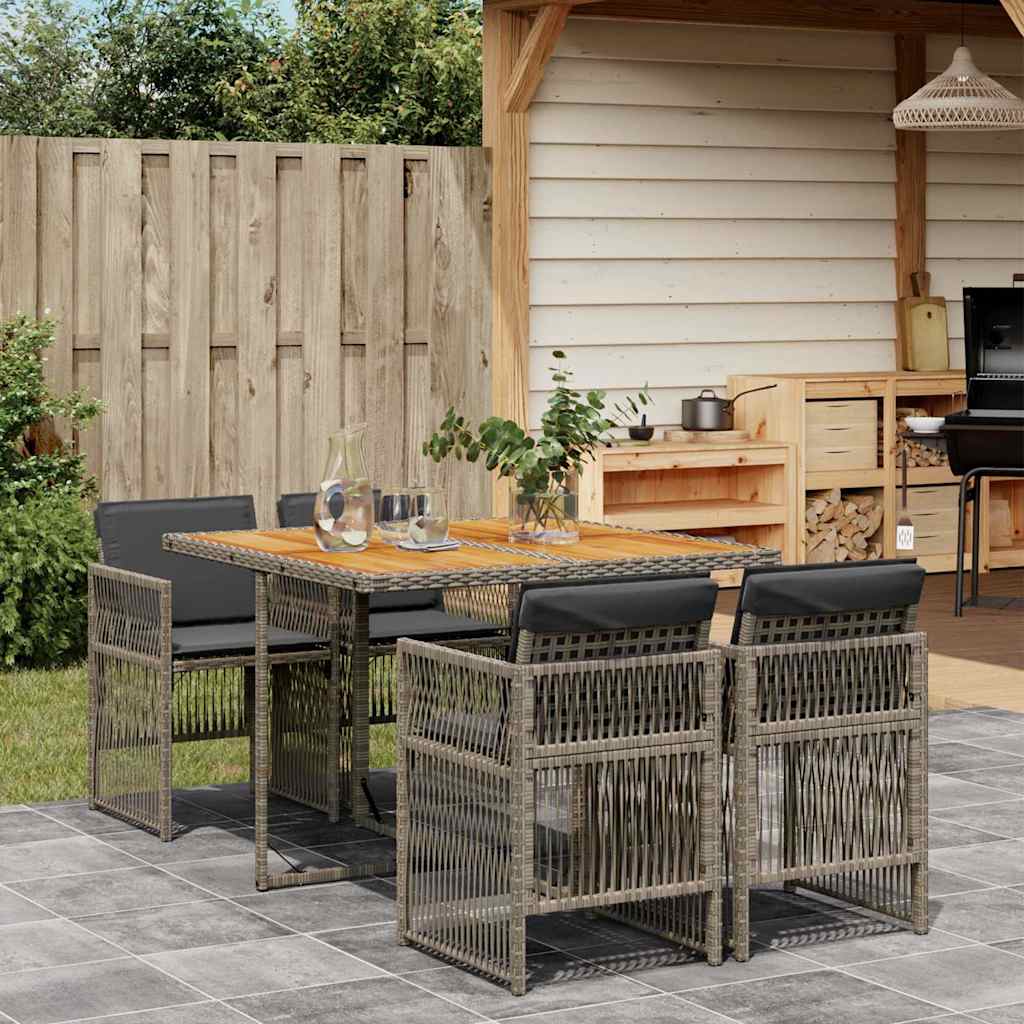 5 Piece Garden Dining Set with Cushions Grey Poly Rattan