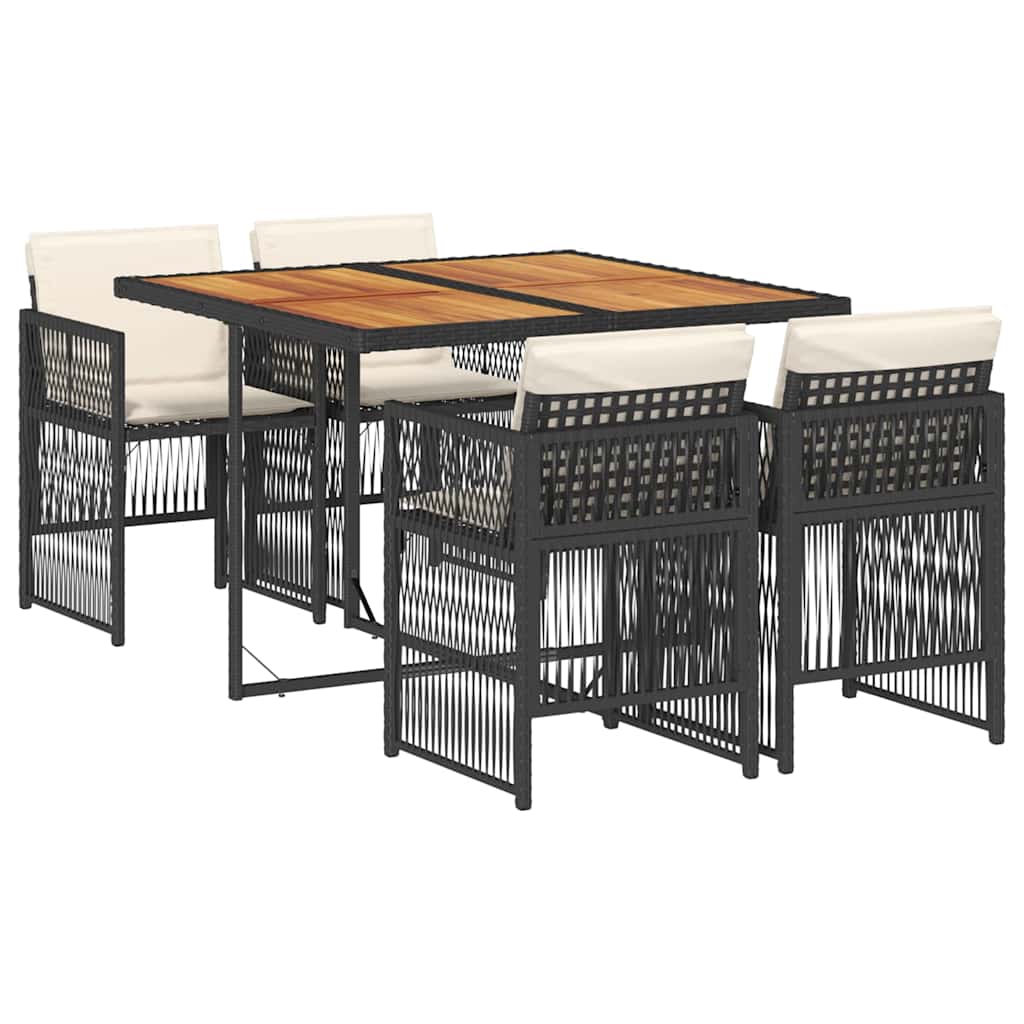 5 Piece Garden Dining Set with Cushions Black Poly Rattan