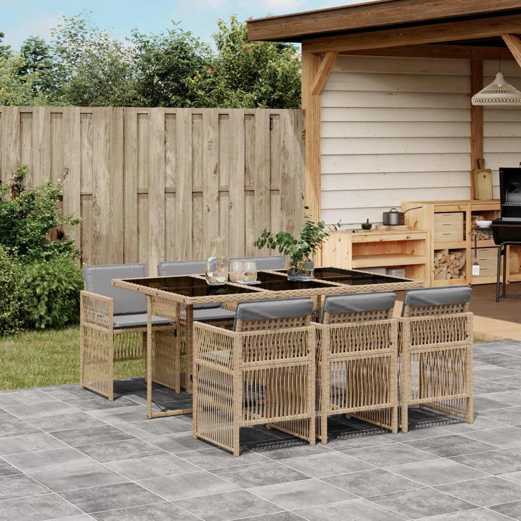 7 Piece Garden Dining Set with Cushions Mix Beige Poly Rattan